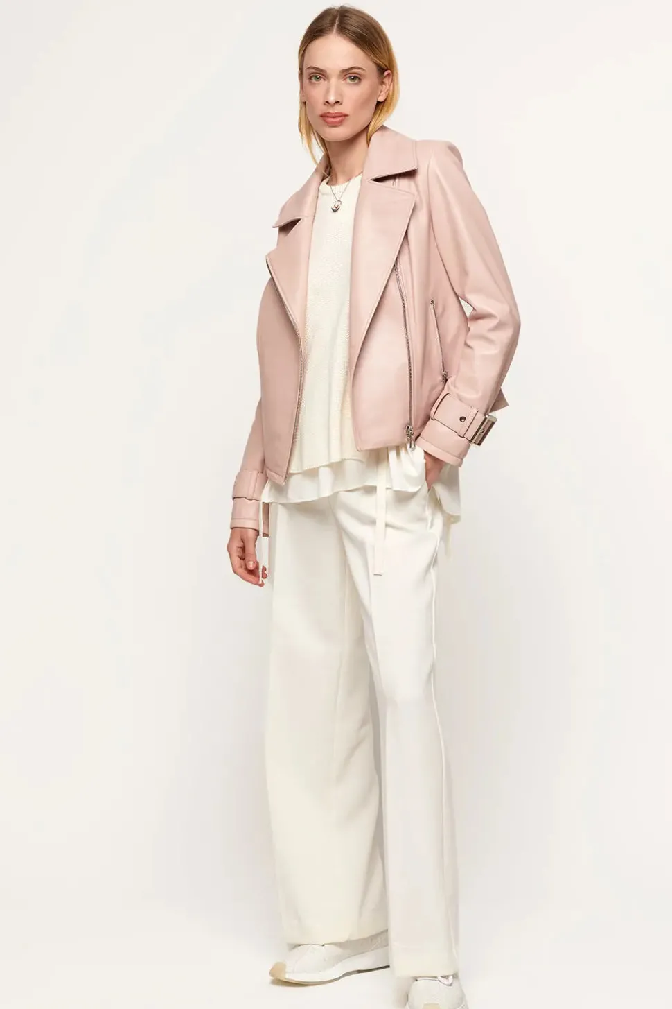 Pink leather biker jacket