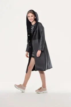 Reversible hooded sheepskin coat