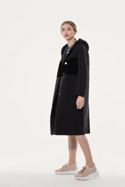 Reversible hooded sheepskin coat