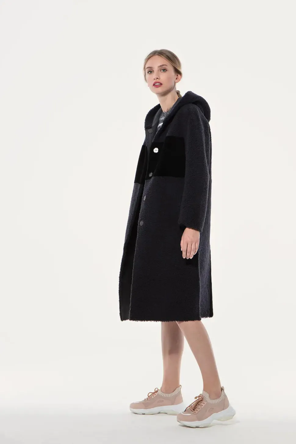 Reversible hooded sheepskin coat