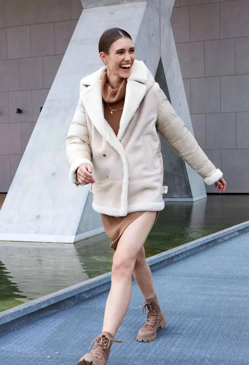 Shearling jacket with down inserts