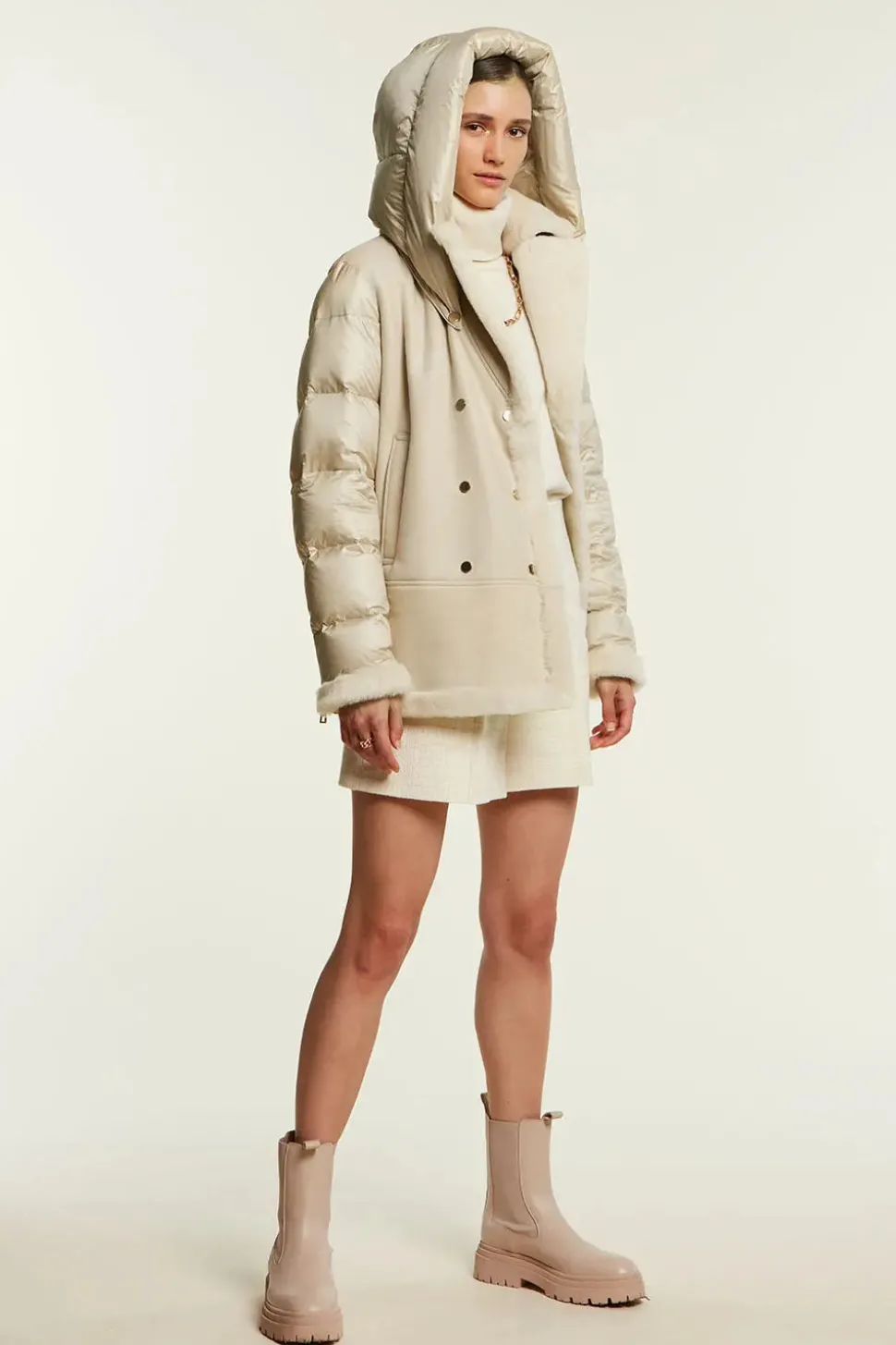 Shearling jacket with down inserts
