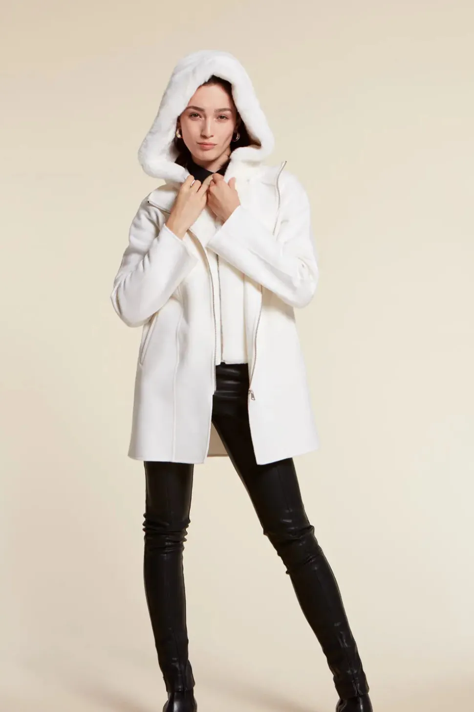 White parka with fur hood