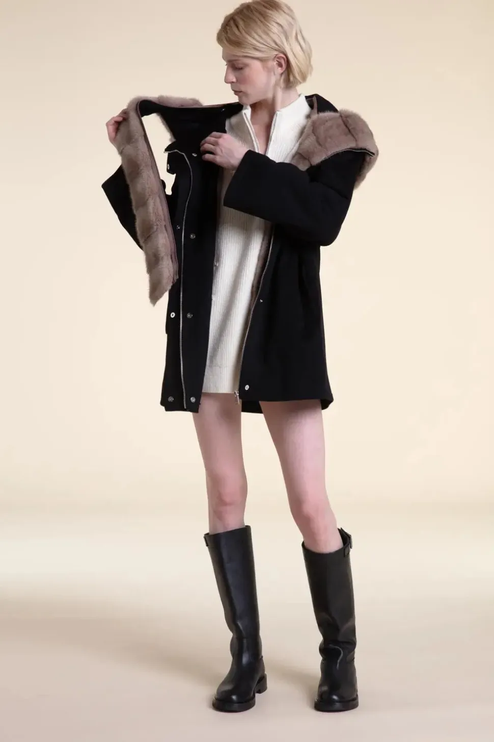 Womens black parka with fur hood