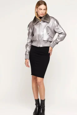 Womens leather bomber jacket with fur collar