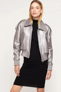 Womens leather bomber jacket with fur collar