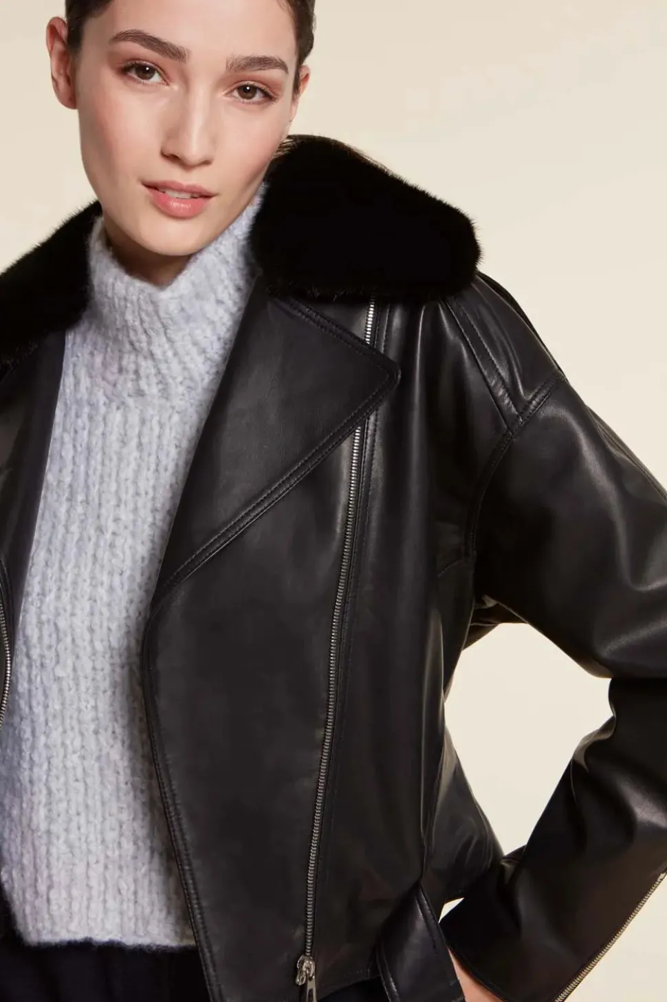 Womens leather jacket with fur collar