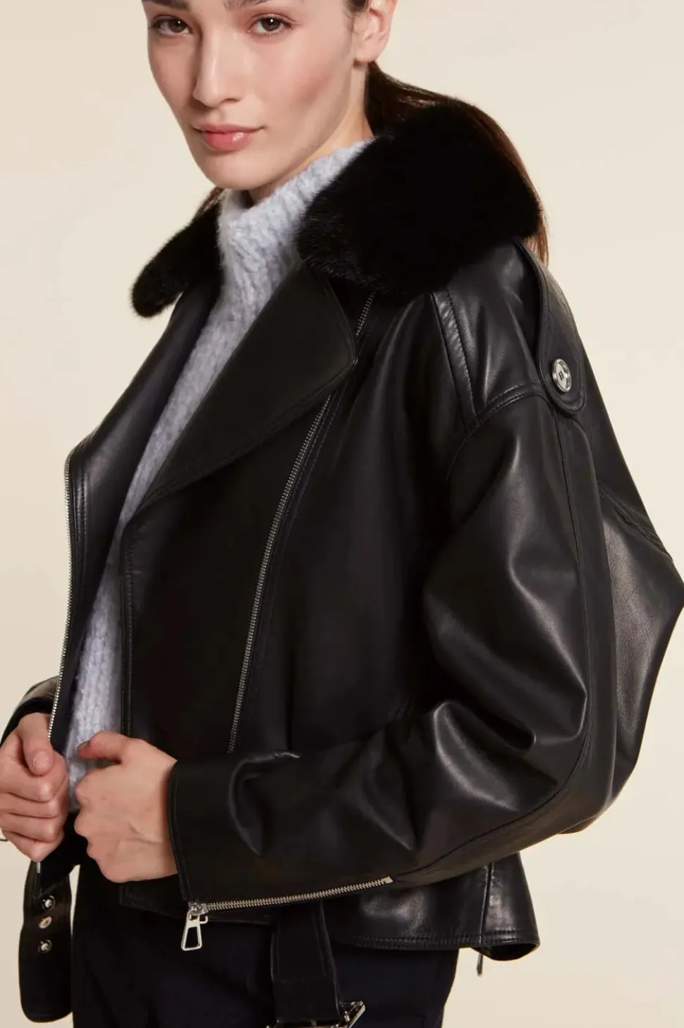 Womens leather jacket with fur collar